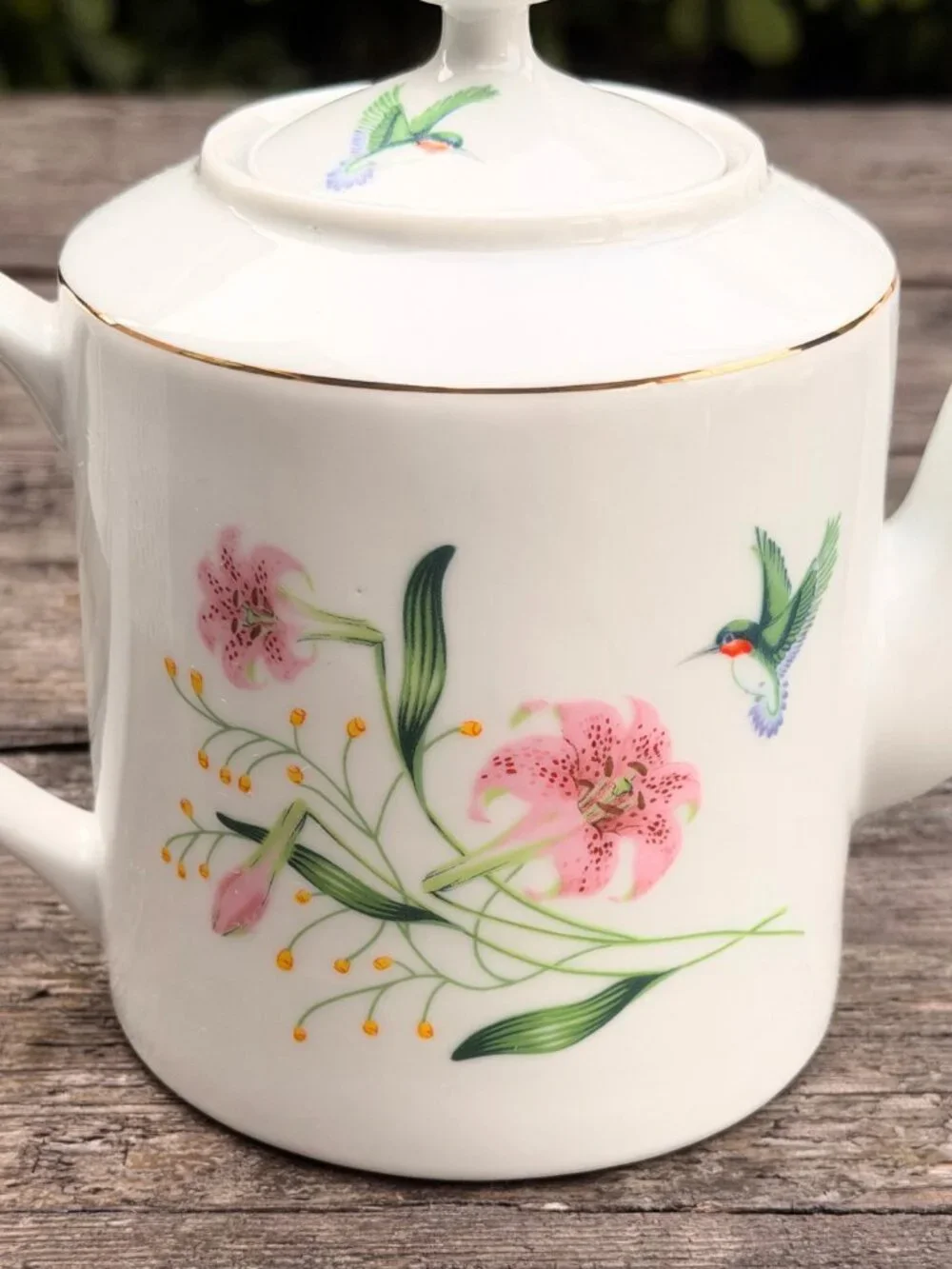 Vintage MCM White Porcelain Teapot with Hummingbird & Pink Lily Flowers Japan